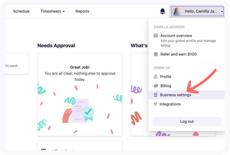 Business Settings option in the account menu