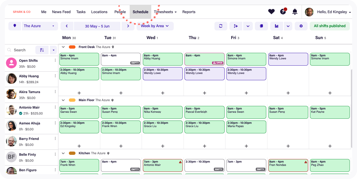 An overview of the Schedule calendar on the Deputy application.