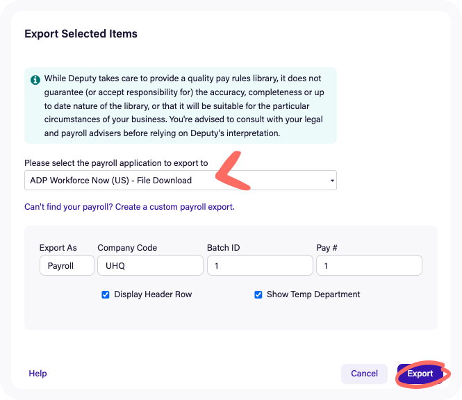 Exporting to ADP Deputy Help Center